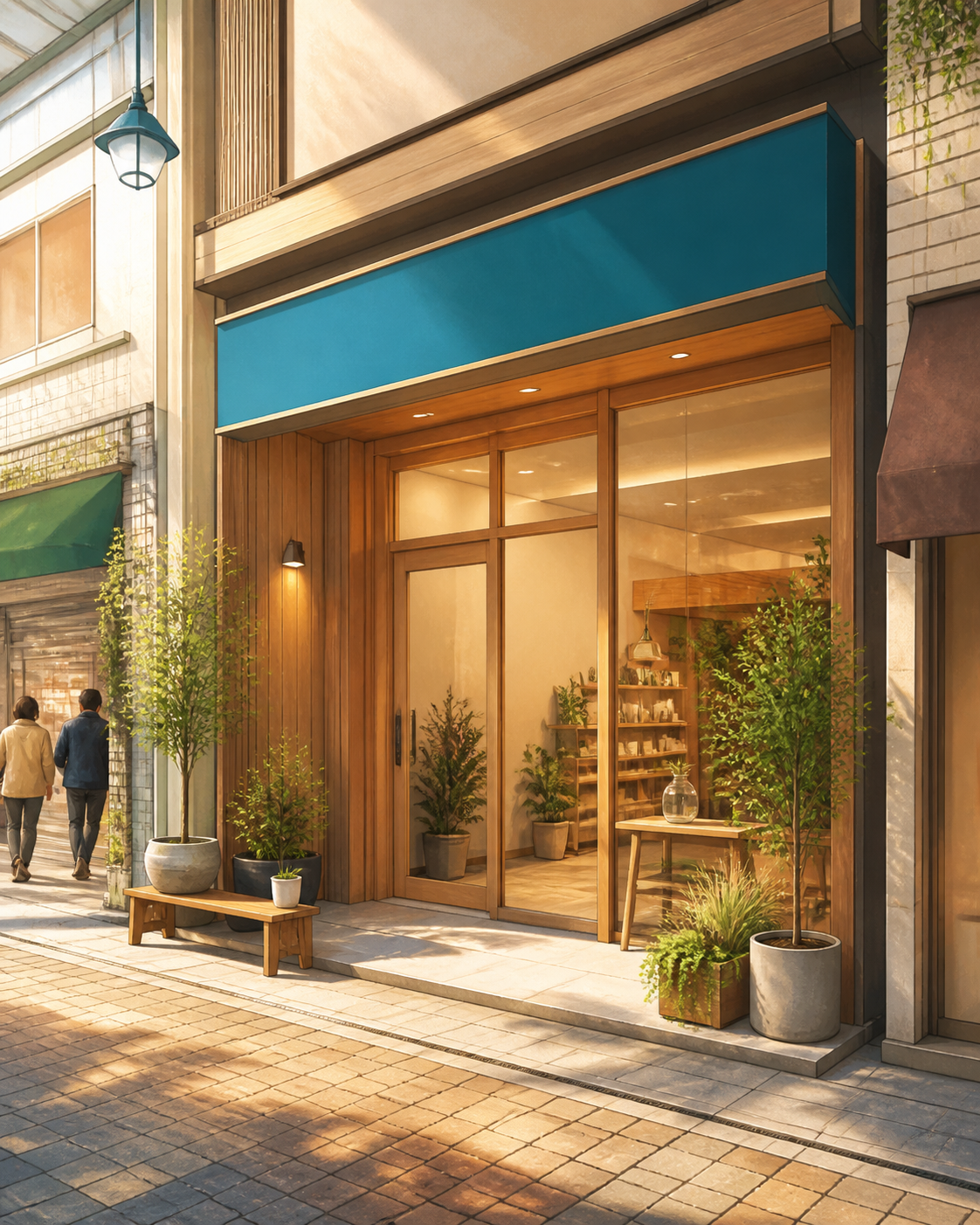 木と植栽、青緑の庇で整えた商店街の店先空間の建築イラスト